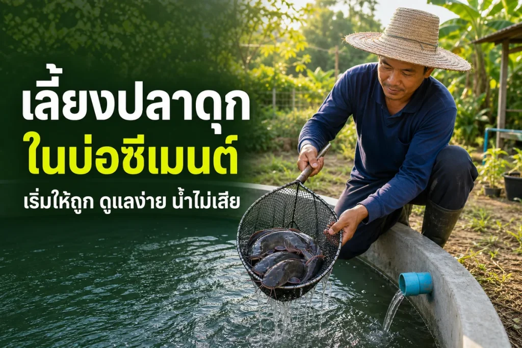 เกษตรกรช้อนปลาดุกจากบ่อซีเมนต์ พร้อมข้อความ เลี้ยงปลาดุกในบ่อซีเมนต์