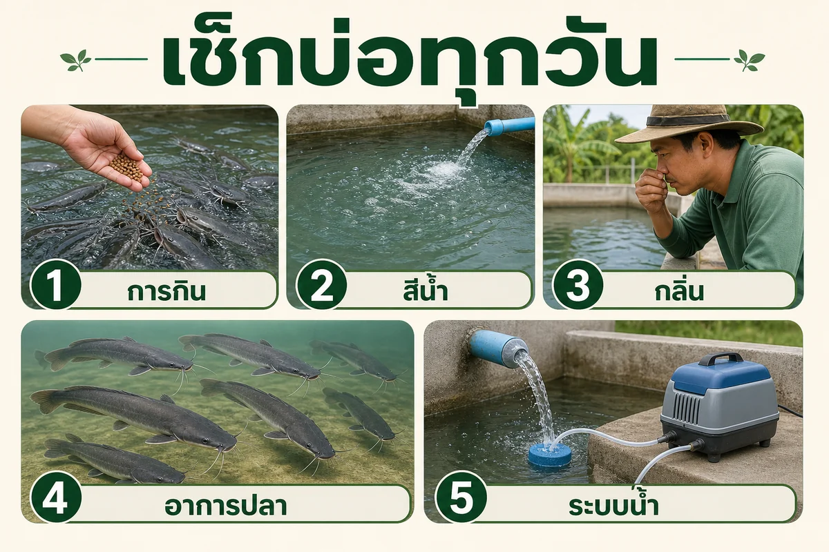 อินโฟกราฟิกเช็กบ่อปลาดุกทุกวัน ทั้งการกิน สีน้ำ กลิ่น อาการปลา และระบบน้ำ