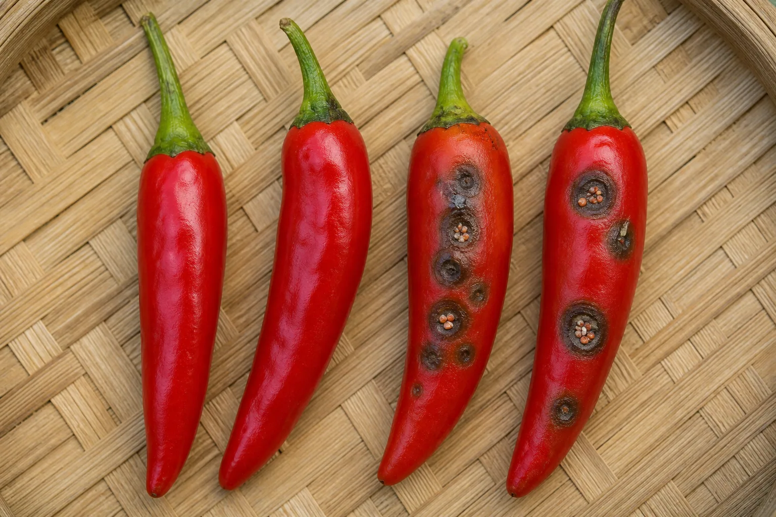 ผลพริกปกติเปรียบเทียบกับผลพริกที่มีแผลยุบสีน้ำตาลดำ