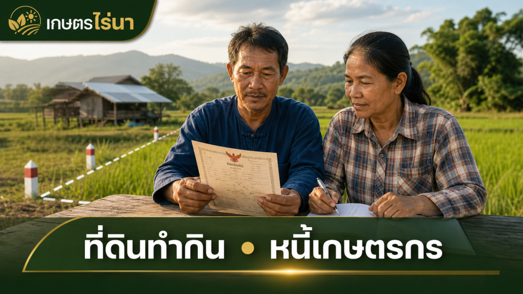 เกษตรกรตรวจเอกสารที่ดินทำกินและบัญชีหนี้ในแปลงนา