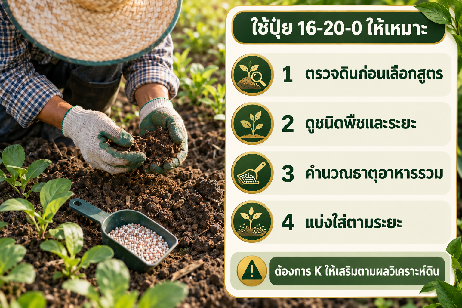 ขั้นตอนใช้ปุ๋ย 16-20-0 ตั้งแต่ตรวจดิน ดูชนิดพืช คำนวณธาตุอาหาร และแบ่งใส่ตามระยะ