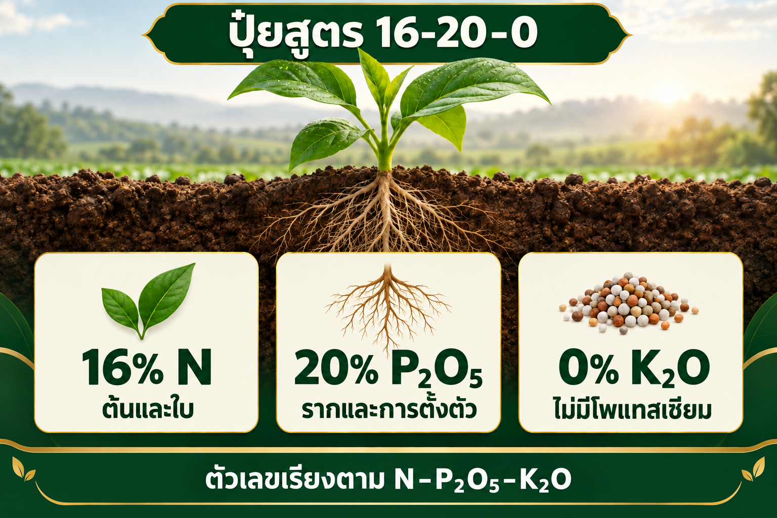 อินโฟกราฟิกปุ๋ย 16-20-0 แสดงไนโตรเจน 16 เปอร์เซ็นต์ ฟอสเฟต 20 เปอร์เซ็นต์ และโพแทช 0 เปอร์เซ็นต์