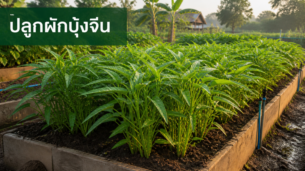 แปลงปลูกผักบุ้งจีนพร้อมข้อความ ปลูกผักบุ้งจีน
