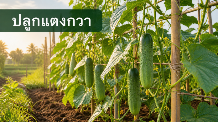 ปลูกแตงกวา แตงกวาบนค้างในแปลงเกษตรพร้อมข้อความ ปลูกแตงกวา