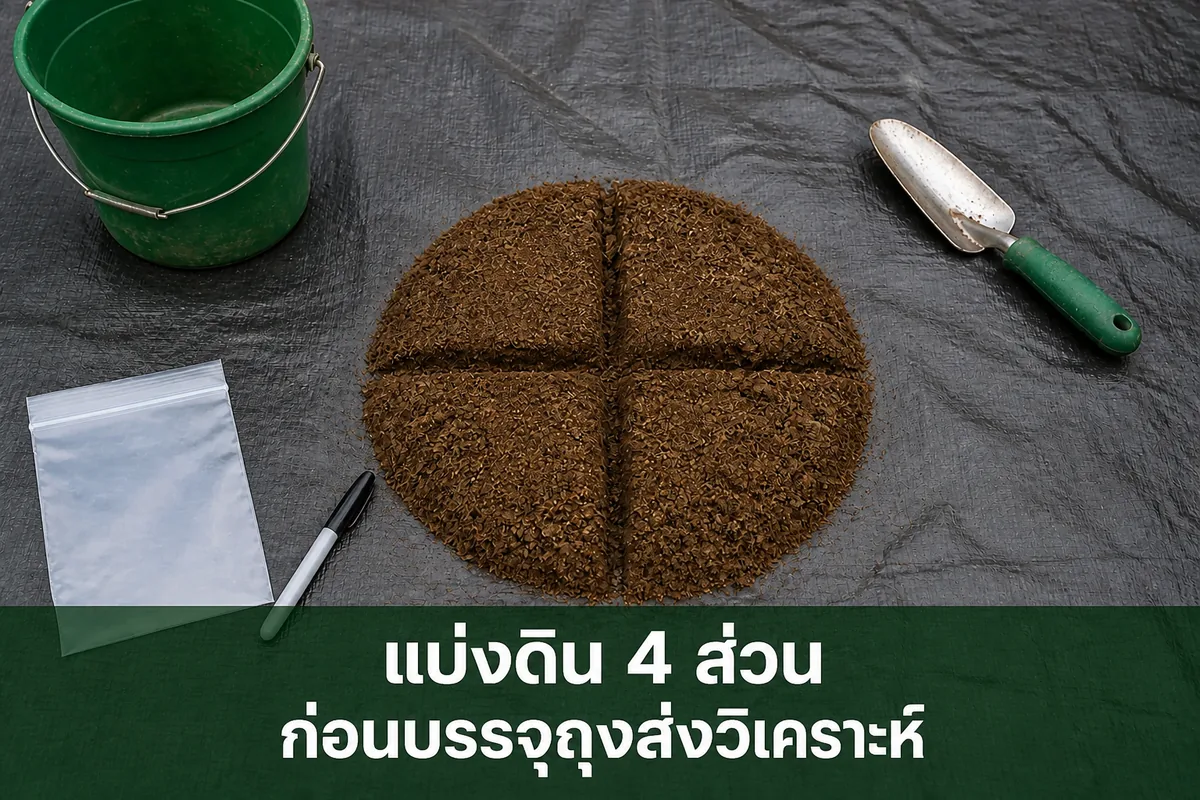 ตัวอย่างดินแบ่งเป็นสี่ส่วน พร้อมข้อความ ก่อนบรรจุถุงส่งวิเคราะห์