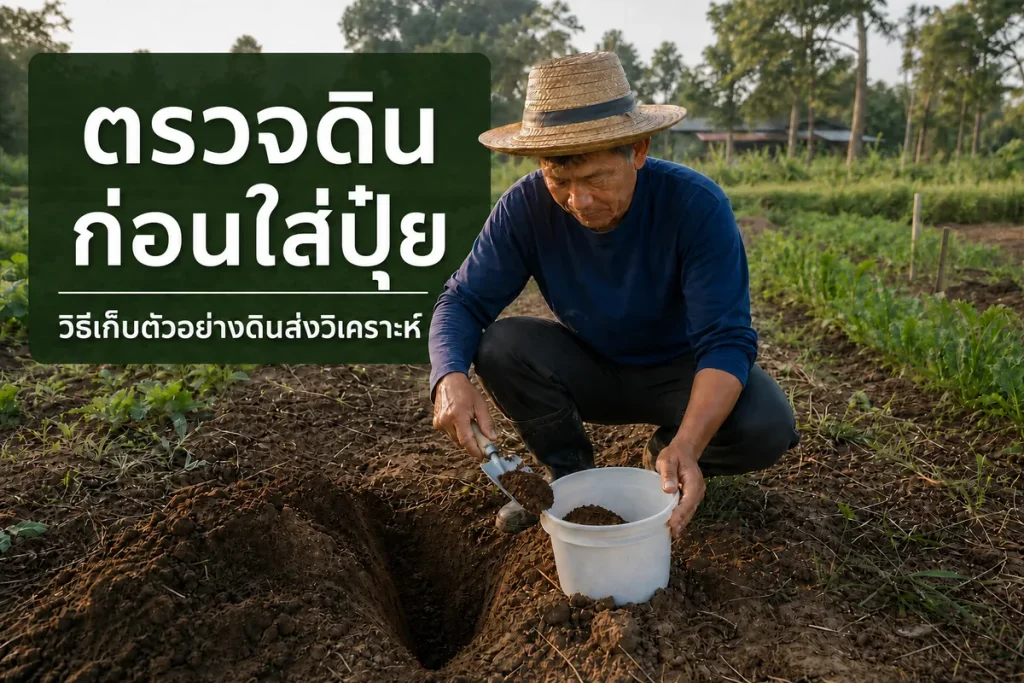เกษตรกรเก็บตัวอย่างดินในแปลง พร้อมข้อความ ตรวจดิน ก่อนใส่ปุ๋ย