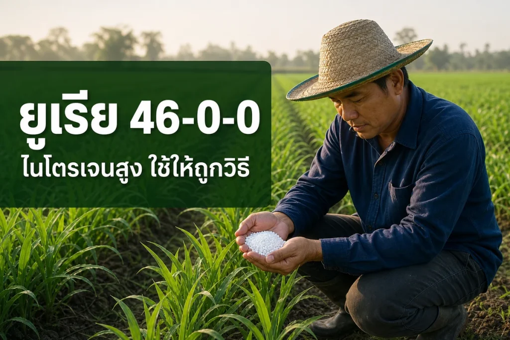 เกษตรกรถือเม็ดยูเรียในแปลง พร้อมข้อความ ยูเรีย 46-0-0 ไนโตรเจนสูง ใช้ให้ถูกวิธี