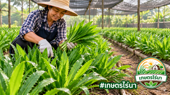culantro-growing-care-harvesting เกษตรกรเก็บเกี่ยวผักชีฝรั่งในโรงเรือน พร้อมโลโก้เกษตรไร่นา