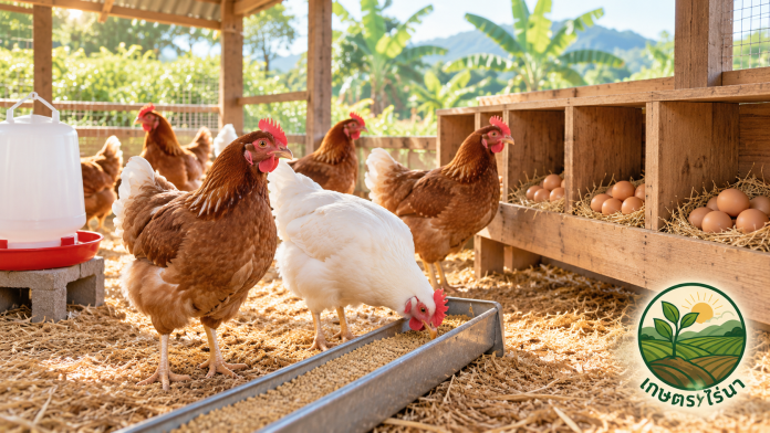 เลี้ยงไก่ไข่สำหรับมือใหม่ ไก่ไข่สุขภาพดีในโรงเรือนสะอาด พร้อมรังไข่ อาหาร และน้ำ