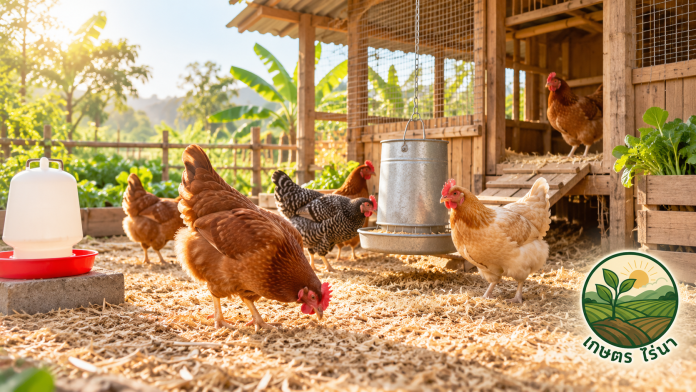 เลี้ยงไก่ให้แข็งแรงสำหรับมือใหม่ ไก่สุขภาพดีในโรงเรือนสะอาด มีอาหารและน้ำสำหรับการเลี้ยงไก่