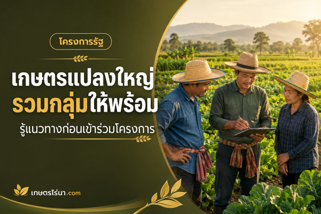 ภาพประกอบเกษตรกรร่วมวางแผนในแปลงผัก พร้อมข้อความ เกษตรแปลงใหญ่ รวมกลุ่มให้พร้อม