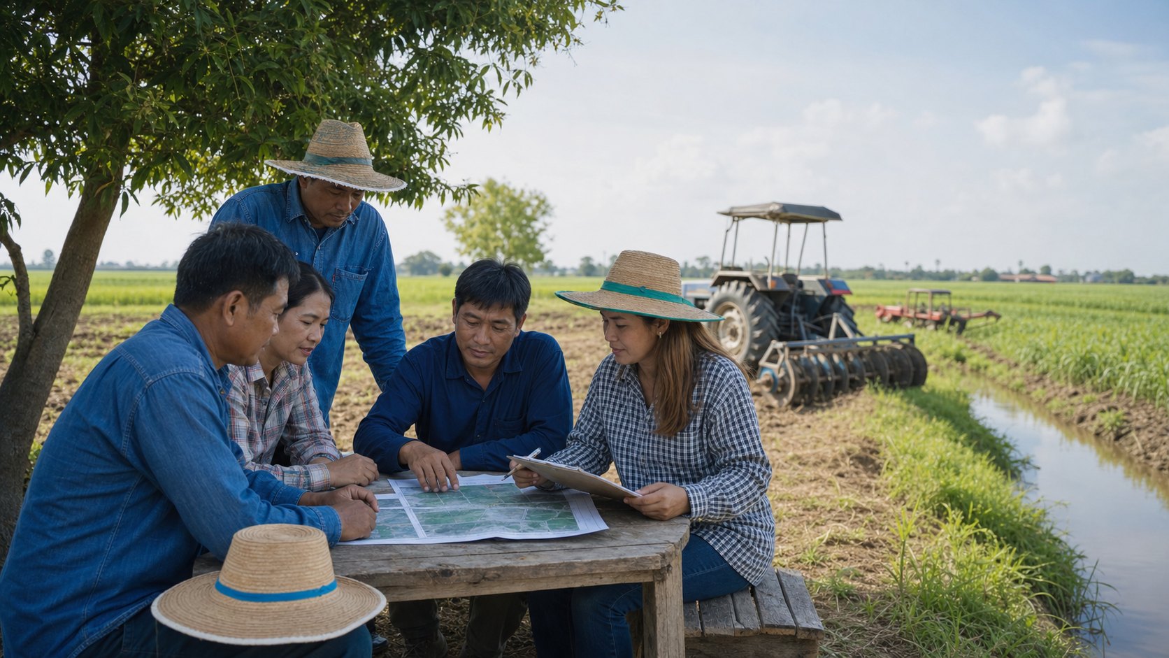 กลุ่มเกษตรกรร่วมวางแผนลงทุนเครื่องจักรและระบบน้ำในแปลงใหญ่