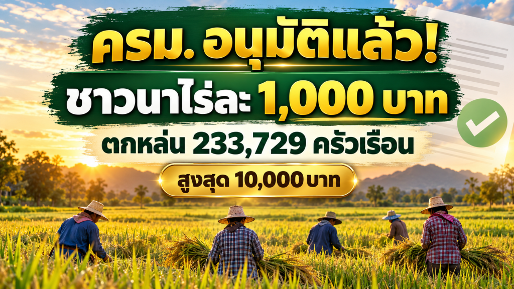 ชาวนาในนาข้าวพร้อมข้อความ ครม. อนุมัติเงินไร่ละ 1,000 บาท สำหรับกลุ่มตกหล่น 233,729 ครัวเรือน