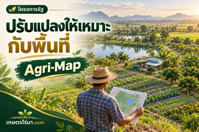 agri-map-cover ภาพประกอบเกษตรกรดูแผนที่ในแปลงเกษตรผสมผสาน พร้อมข้อความ ปรับแปลงให้เหมาะกับพื้นที่ Agri-Map