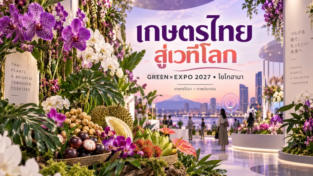 ภาพประกอบพืชสวนและกล้วยไม้ พร้อมข้อความ เกษตรไทยสู่เวทีโลก GREEN EXPO 2027 โยโกฮามา