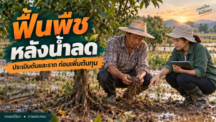 agri-news-20261016-flood-cover ภาพประกอบเกษตรกรสำรวจสวน พร้อมข้อความ ฟื้นพืชหลังน้ำลด ประเมินต้นและราก ก่อนเพิ่มต้นทุน