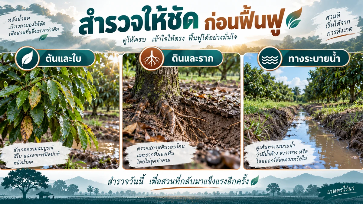 สำรวจให้ชัดก่อนฟื้นฟู: ต้นและใบ ดินและราก ทางระบายน้ำ