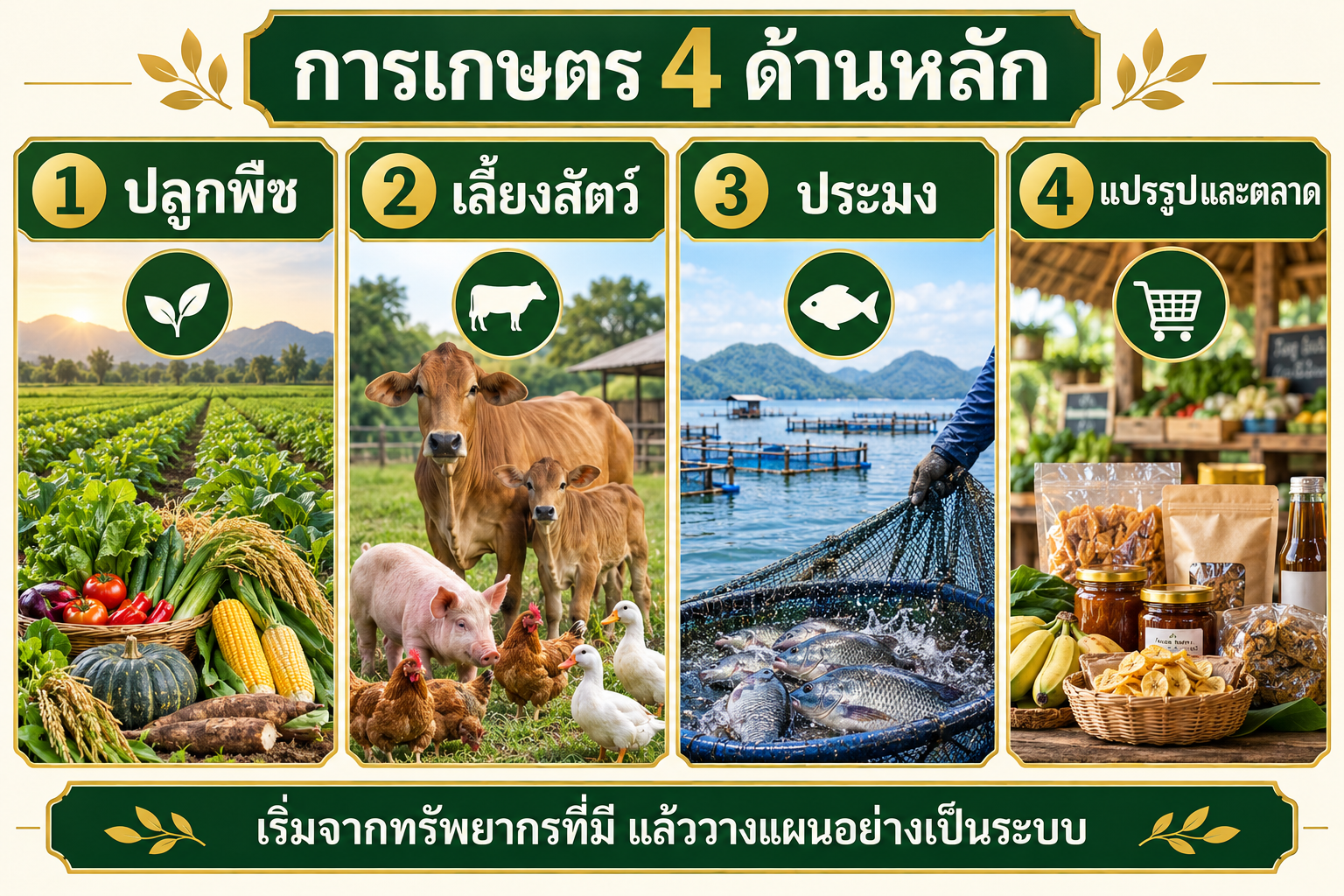 อินโฟกราฟิกสี่ด้านหลักของการเกษตร ได้แก่ ปลูกพืช เลี้ยงสัตว์ ประมง และแปรรูปตลาด