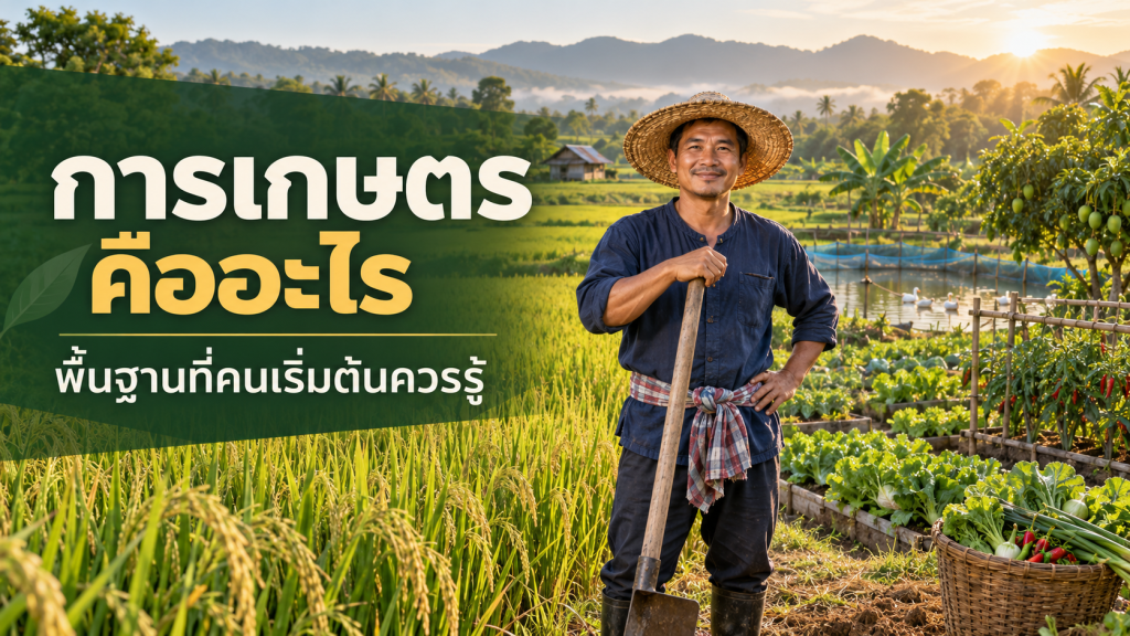เกษตรกรไทยยืนในพื้นที่เกษตรผสมผสานที่มีนา แปลงผัก และบ่อปลา