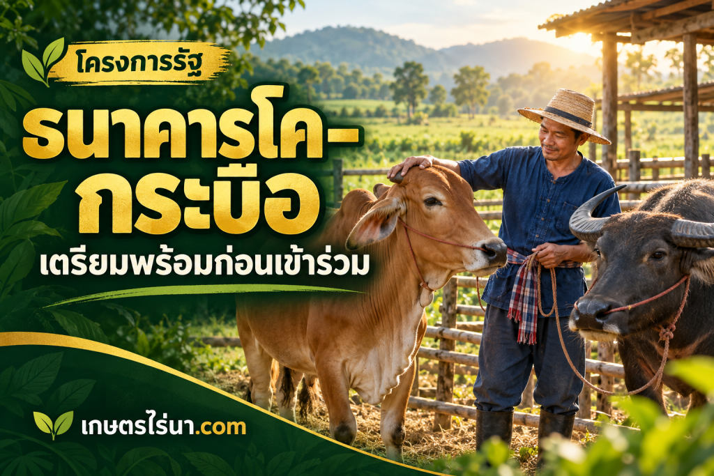 ภาพประกอบเกษตรกรดูแลโคและกระบือ พร้อมข้อความ ธนาคารโค–กระบือ เตรียมพร้อมก่อนเข้าร่วม
