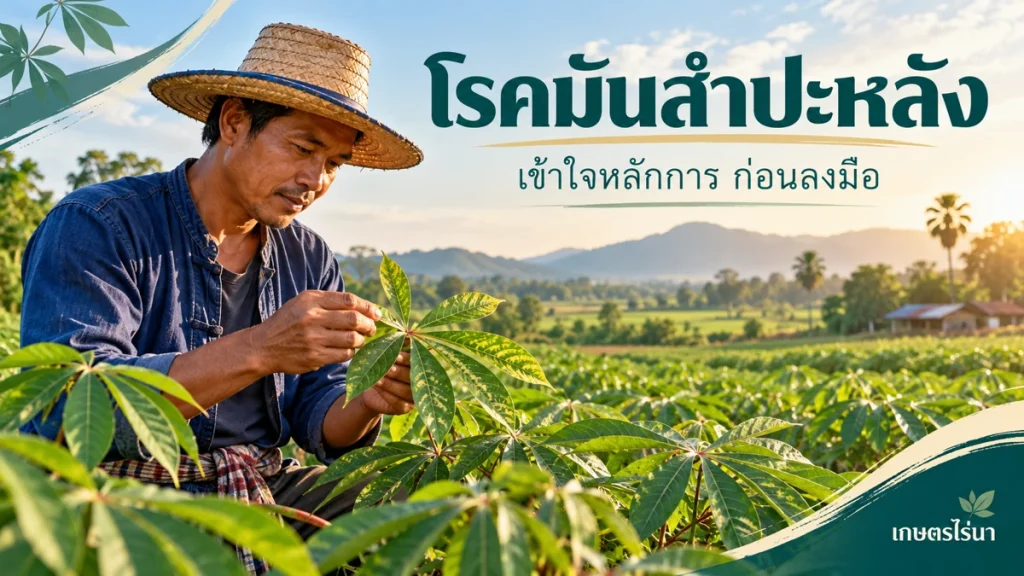 โรคมันสำปะหลัง พร้อมข้อความไทย — ภาพประกอบ AI