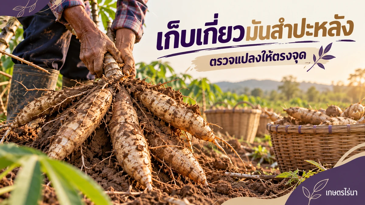 เก็บเกี่ยวมันสำปะหลัง — ตรวจแปลงให้ตรงจุด พร้อมข้อความไทย