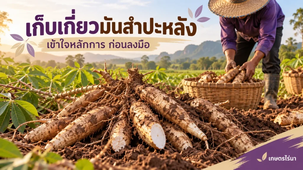 เก็บเกี่ยวมันสำปะหลัง พร้อมข้อความไทย — ภาพประกอบ AI