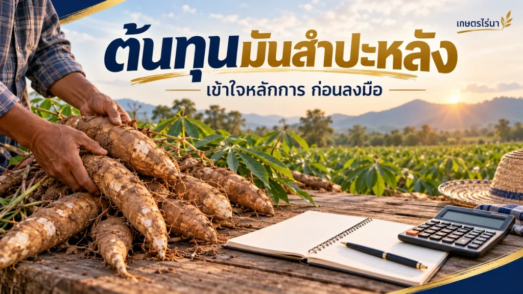 ต้นทุนมันสำปะหลัง พร้อมข้อความไทย — ภาพประกอบ AI