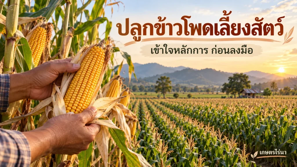 ปลูกข้าวโพดเลี้ยงสัตว์ พร้อมข้อความไทย — ภาพประกอบ AI