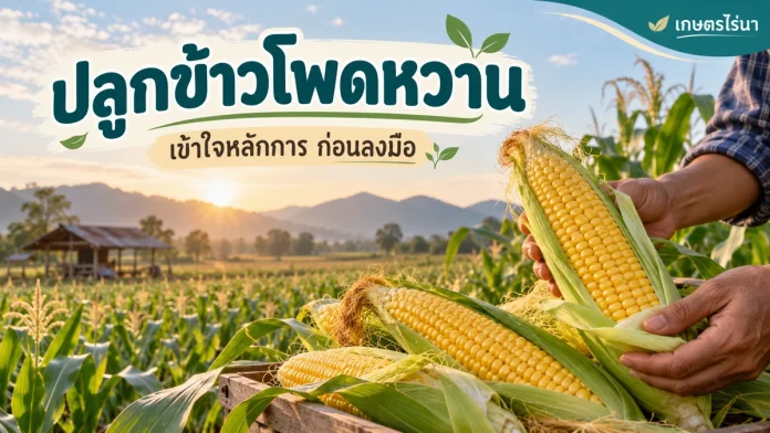 cc-7-cover ปลูกข้าวโพดหวาน พร้อมข้อความไทย — ภาพประกอบ AI