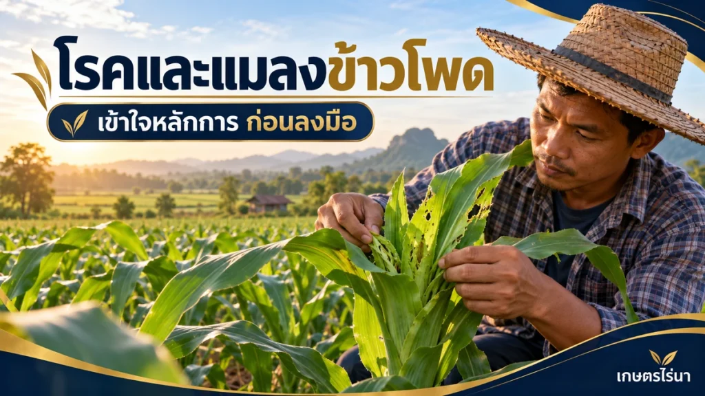 โรคและแมลงข้าวโพด พร้อมข้อความไทย — ภาพประกอบ AI