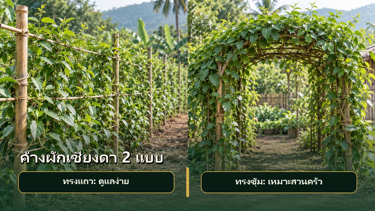 เปรียบเทียบผักเชียงดาปลูกบนค้างทรงแถวกับค้างทรงซุ้ม