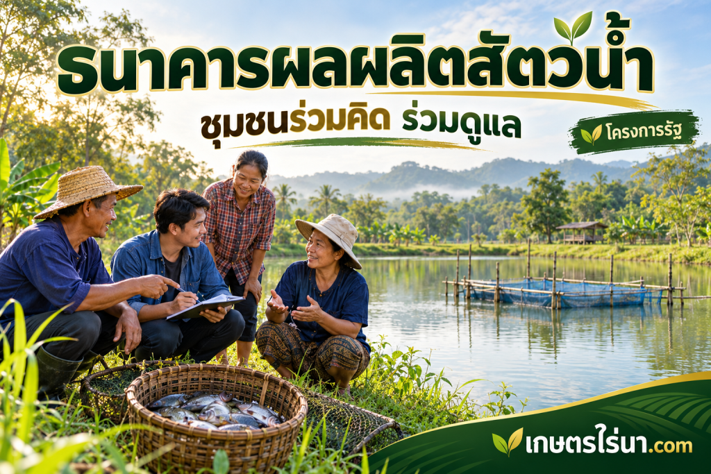 ภาพประกอบชุมชนวางแผนดูแลบ่อปลา พร้อมข้อความ ธนาคารผลผลิตสัตว์น้ำ ชุมชนร่วมคิด ร่วมดูแล