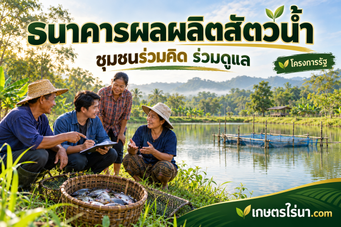 community-fish-bank-cover ภาพประกอบชุมชนวางแผนดูแลบ่อปลา พร้อมข้อความ ธนาคารผลผลิตสัตว์น้ำ ชุมชนร่วมคิด ร่วมดูแล
