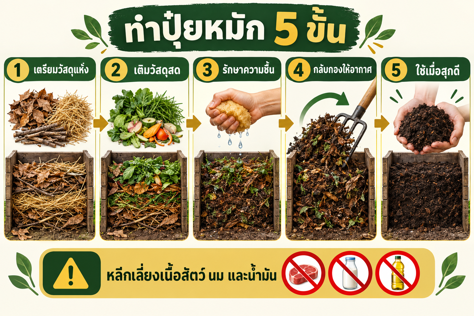 อินโฟกราฟิกขั้นตอนทำปุ๋ยหมักห้าขั้น