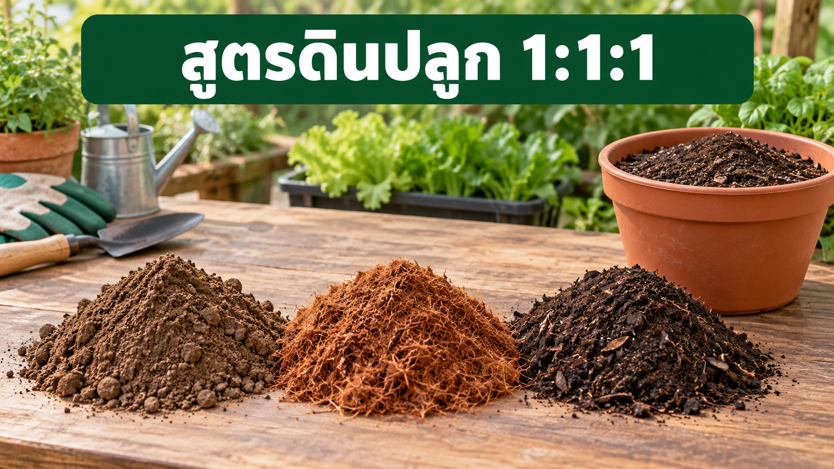 ดินร่วน ขุยมะพร้าว และปุ๋ยหมักอย่างละหนึ่งส่วนสำหรับปลูกผักในกระถาง