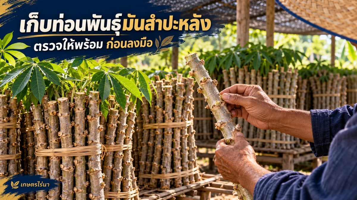 เก็บท่อนพันธุ์มันสำปะหลัง แยกรุ่นและทำป้าย พร้อมข้อความไทย