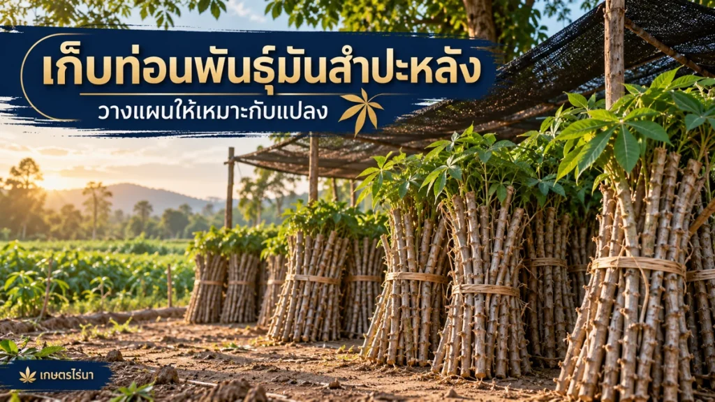 เก็บท่อนพันธุ์มันสำปะหลัง พร้อมข้อความไทย