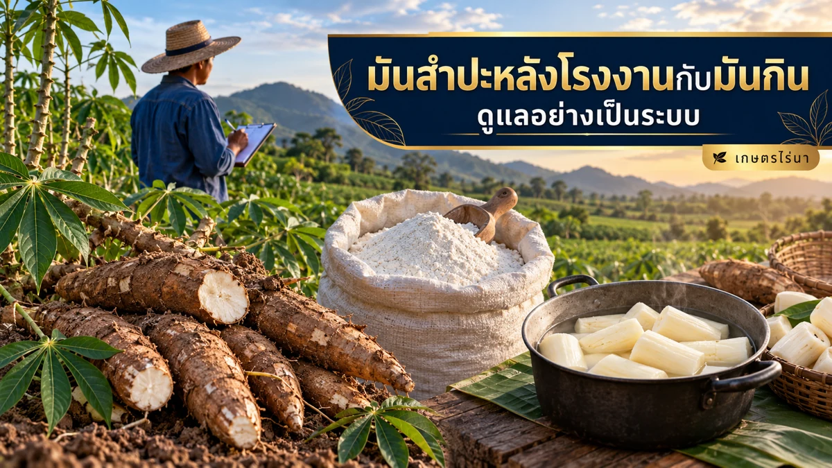 มันสำปะหลังโรงงานกับมันกิน แยกแปลงและการเก็บเกี่ยว พร้อมข้อความไทย