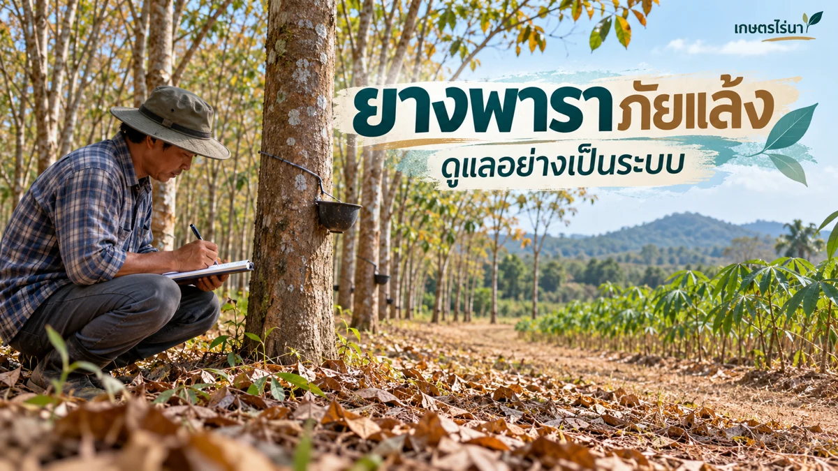 ยางพาราภัยแล้ง ลดเชื้อเพลิงก่อนเกิดไฟ พร้อมข้อความไทย