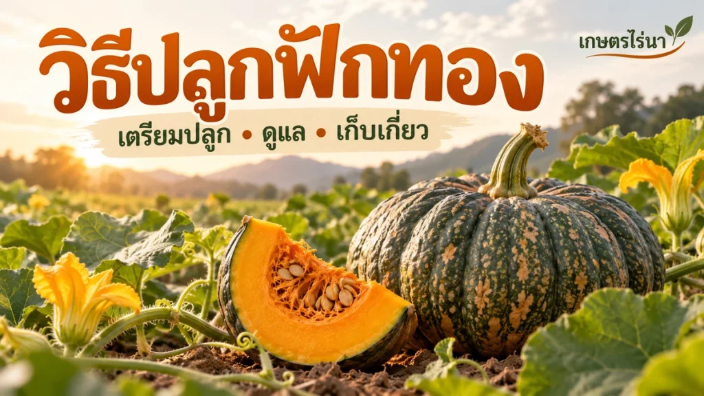 ฟักทองในแปลงและเนื้อฟักทอง พร้อมข้อความ วิธีปลูกฟักทอง เตรียมปลูก ดูแล เก็บเกี่ยว