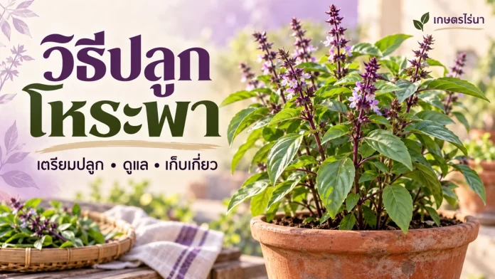 crop-20261017-thai-basil-cover โหระพาในกระถางพร้อมข้อความ วิธีปลูกโหระพา เตรียมปลูก ดูแล เก็บเกี่ยว