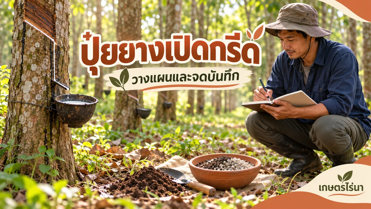 ปุ๋ยยางเปิดกรีด จัดบริเวณใส่ให้ลดการสูญเสีย ภาพประกอบพร้อมข้อความไทย