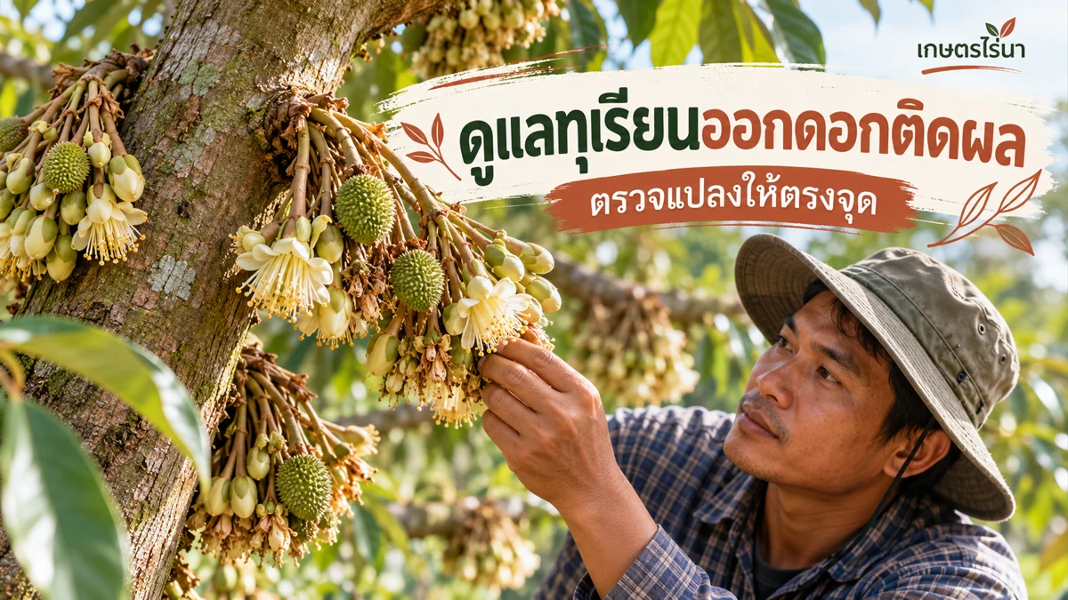 ดูแลทุเรียนออกดอกติดผล จัดน้ำอย่างระวัง ภาพประกอบพร้อมข้อความไทย