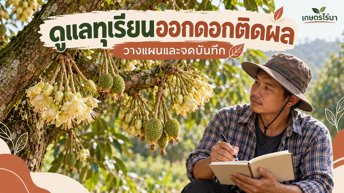 ดูแลทุเรียนออกดอกติดผล คัดผลตามกำลังต้น ภาพประกอบพร้อมข้อความไทย