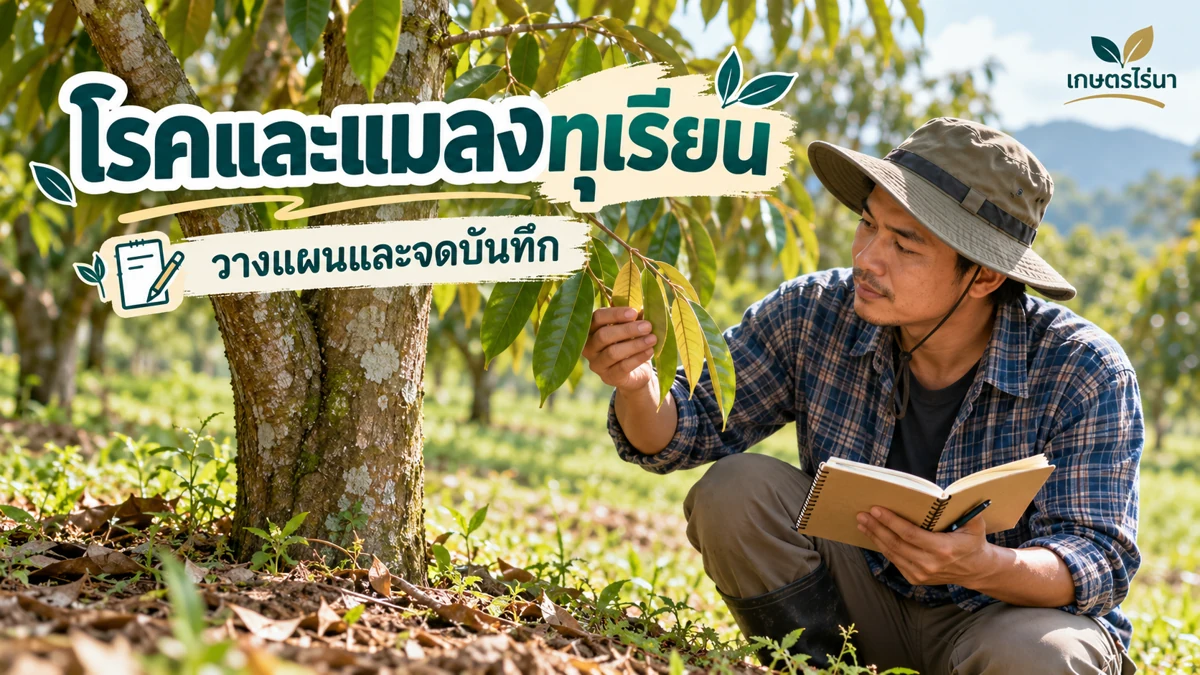 โรคและแมลงทุเรียน ตรวจยอด ดอก และผลแยกกัน ภาพประกอบพร้อมข้อความไทย