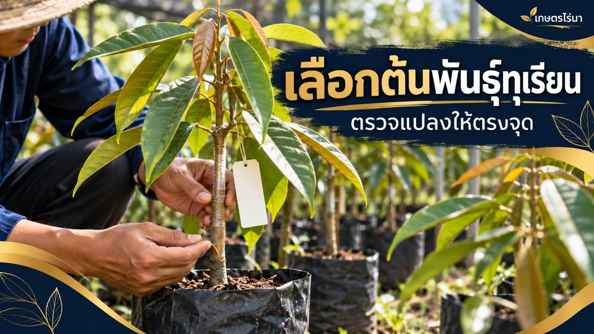 เลือกต้นพันธุ์ทุเรียน ตรวจต้นและรอยต่อ ภาพประกอบพร้อมข้อความไทย