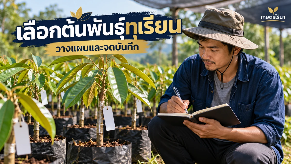 เลือกต้นพันธุ์ทุเรียน ขนส่งและพักต้นอย่างระวัง ภาพประกอบพร้อมข้อความไทย
