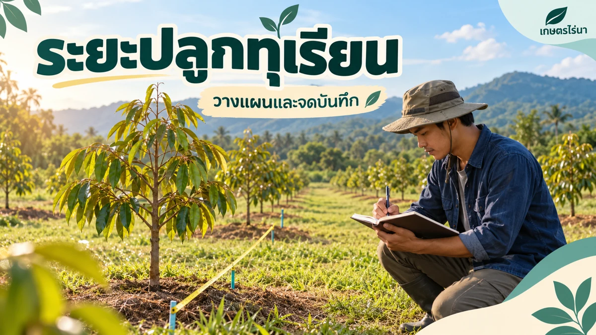 ระยะปลูกทุเรียน ทดสอบผังก่อนลงต้นจริง ภาพประกอบพร้อมข้อความไทย