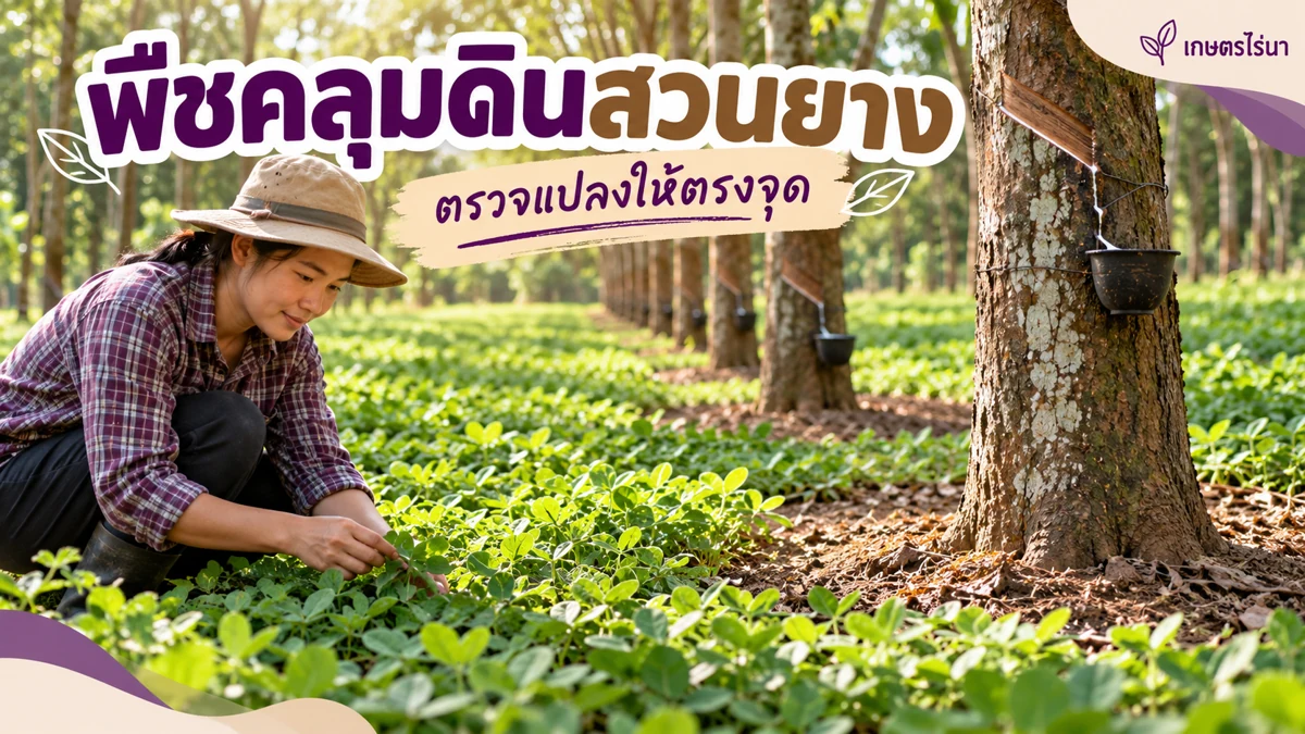 พืชคลุมดินสวนยาง แบ่งโซนคลุมกับโซนทำงาน ภาพประกอบพร้อมข้อความไทย